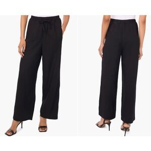 Halogen Wide Leg Poplin Pants Womens S Black Rayon Linen Pull On Modern Casual